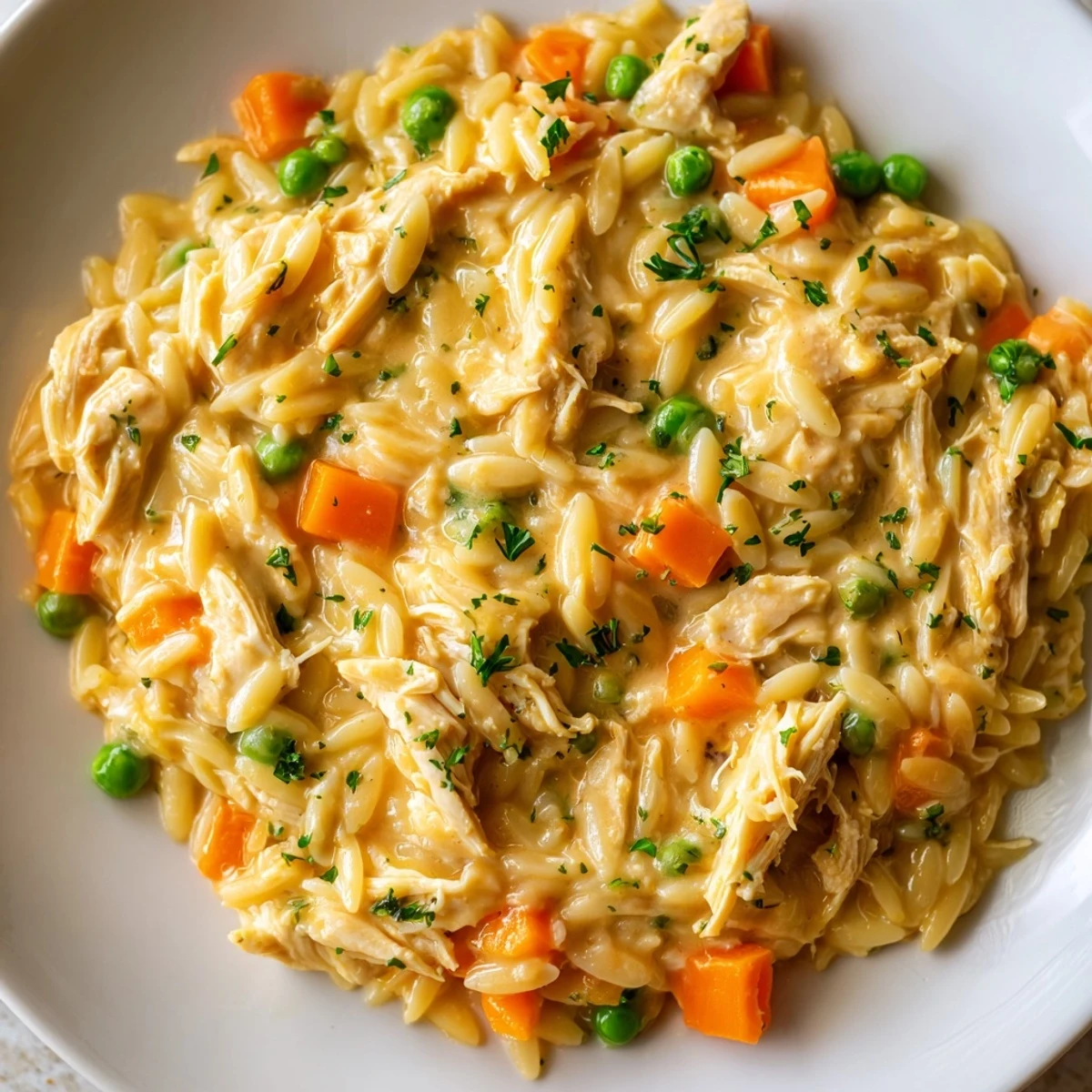 Creamy chicken pot pie orzo in a rustic skillet garnished with fresh parsley flakes