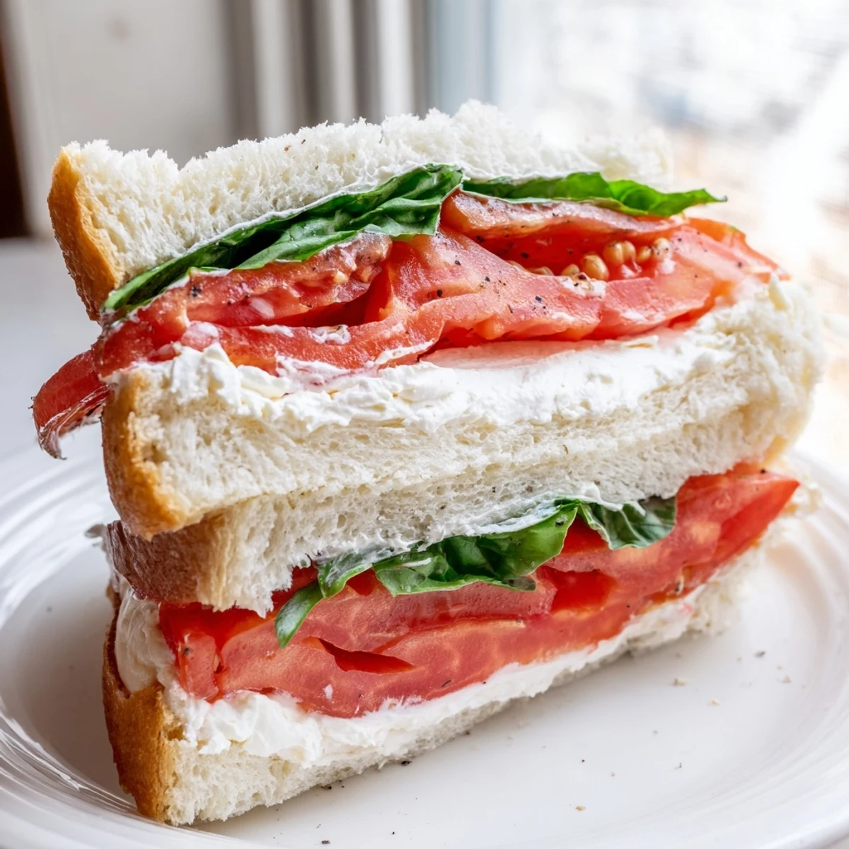 Classic tomato sandwich layered with thick tomato slices and fragrant basil leaves