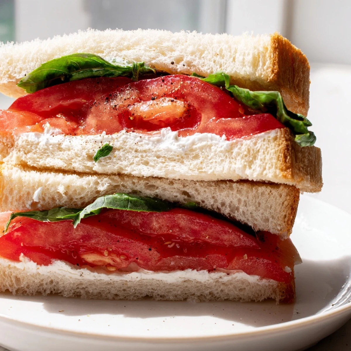 Juicy ripe tomato sandwich with creamy mayo on soft fresh sourdough bread