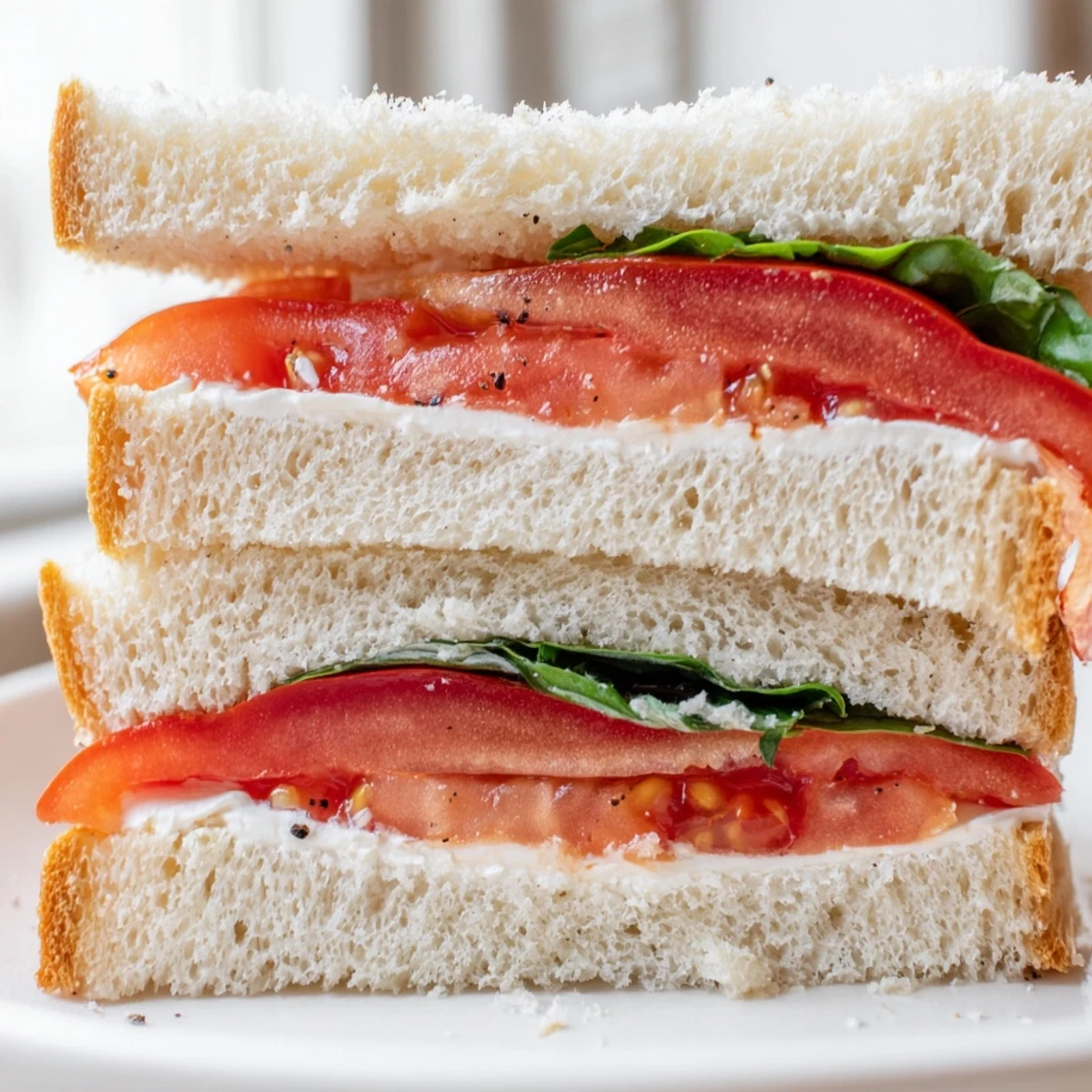 Crisp golden tomato sandwich cut in half showing vibrant red juicy interiors