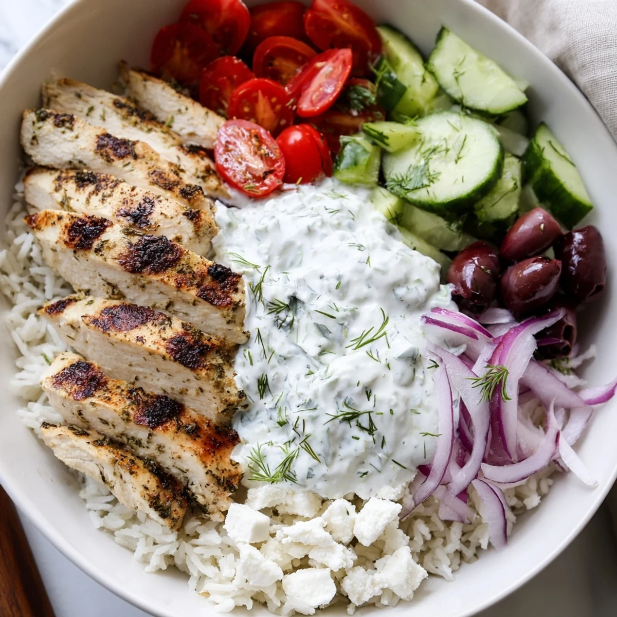 Golden herbed grilled chicken crowns these colorful Greek chicken bowls with creamy tzatziki.