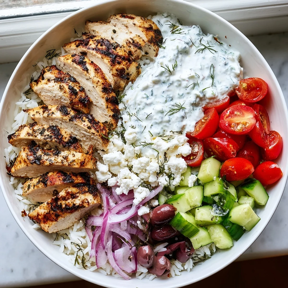 Crispy cucumbers, juicy tomatoes, and feta top these vibrant Greek chicken bowls.