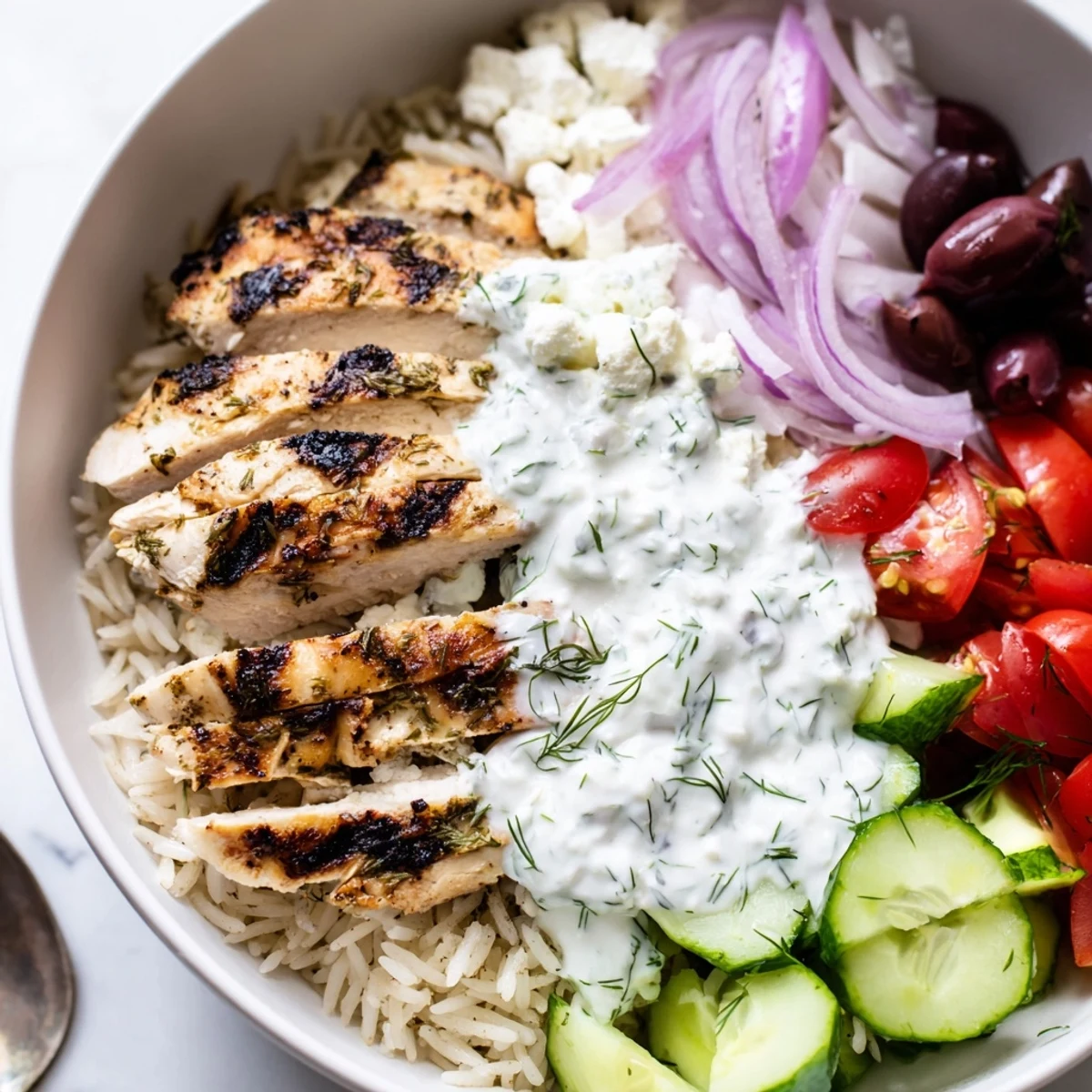 Steaming rice and sliced grilled chicken fill these fresh Mediterranean Greek chicken bowls.