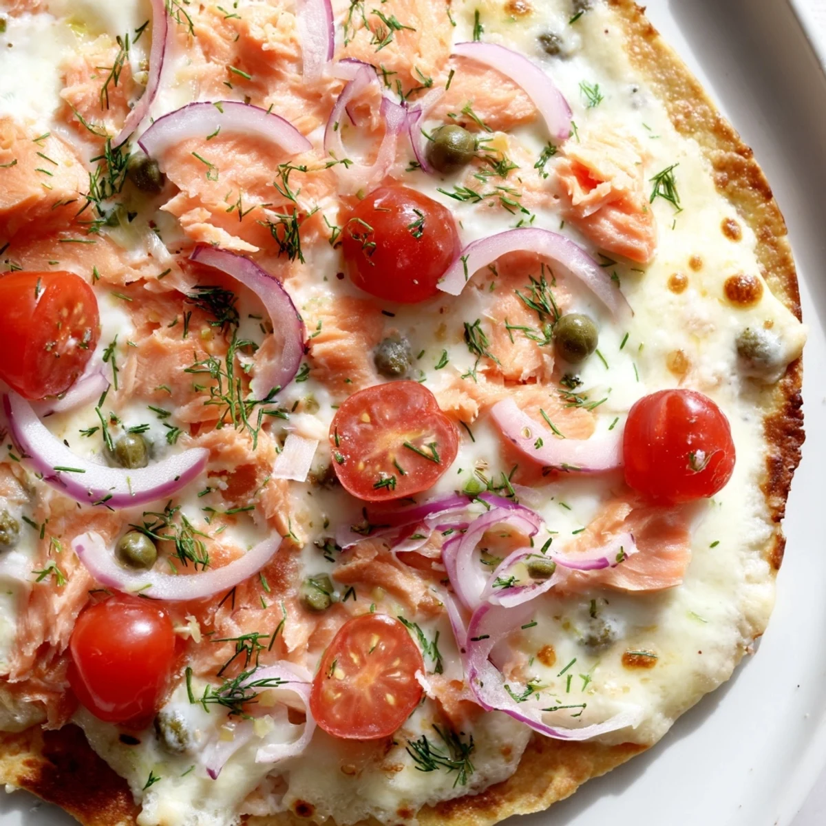 Leftover salmon tortilla pizza fresh from the oven with bubbling cheese and tomatoes