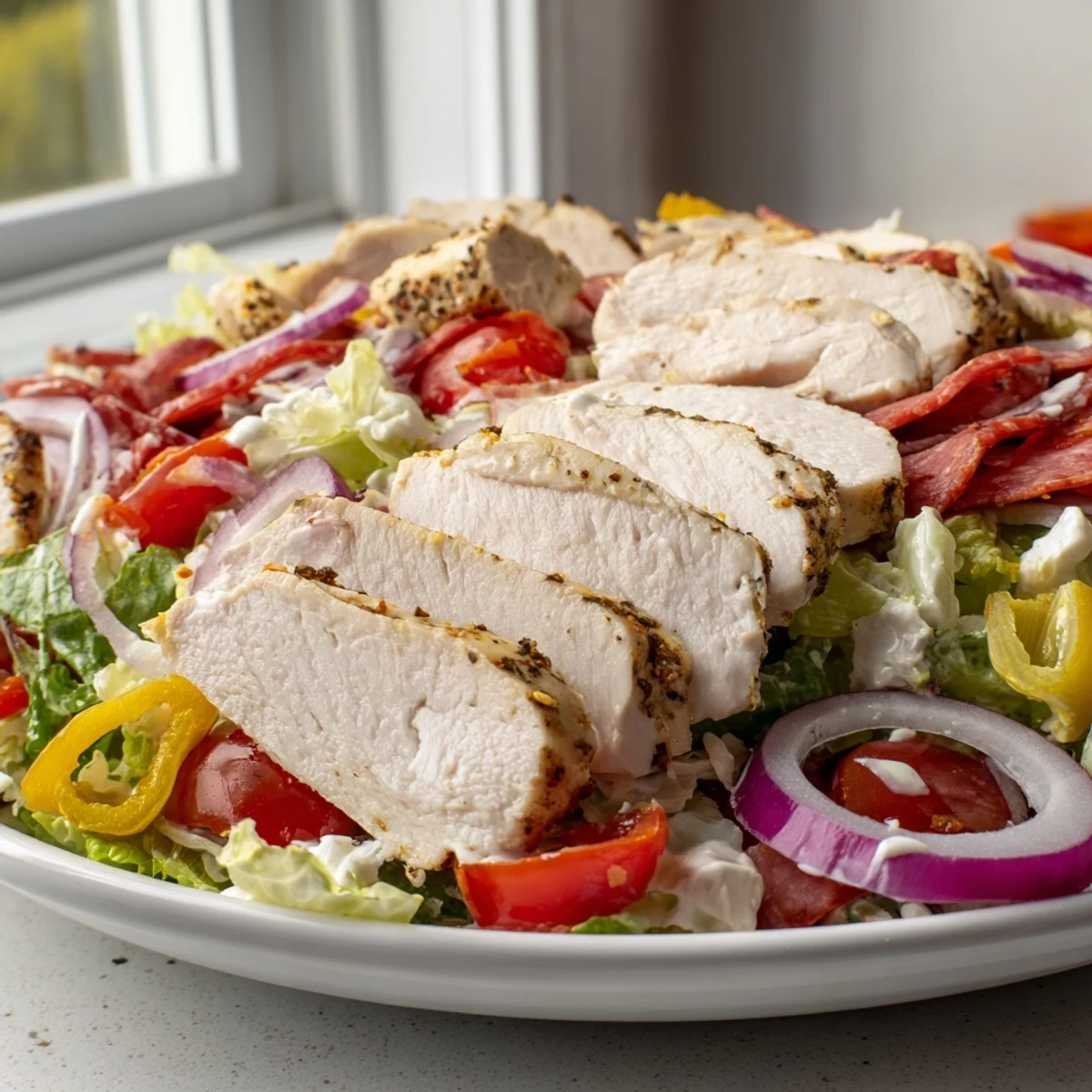 Sizzling sliced chicken crowns a crisp Italian Grinder Chicken Salad with pepperoncini