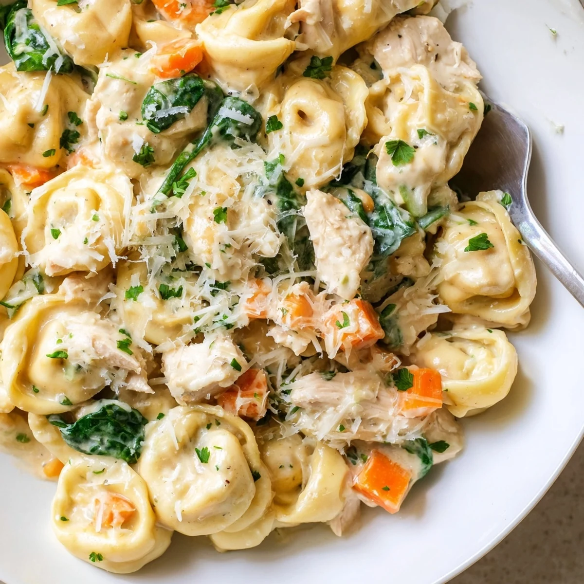 Slow cooker chicken tortellini topped with fresh parsley in a white bowl
