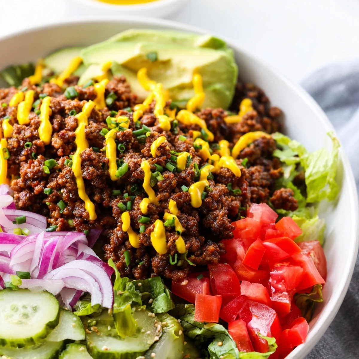 Colorful burger bowls loaded with seasoned beef, melted cheddar, and crisp fresh vegetables