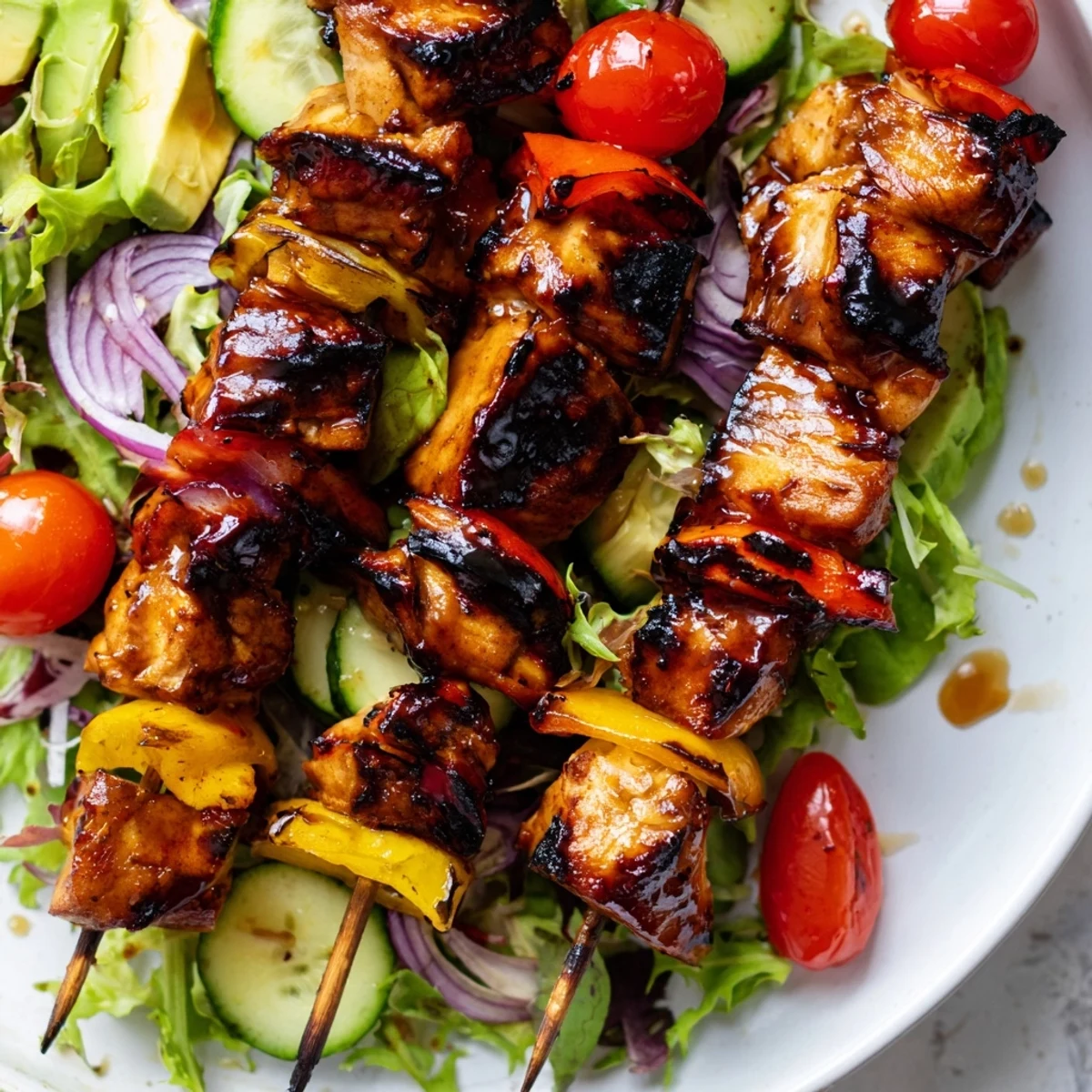 Smoky BBQ chicken skewer salad with charred edges and colorful crisp vegetables