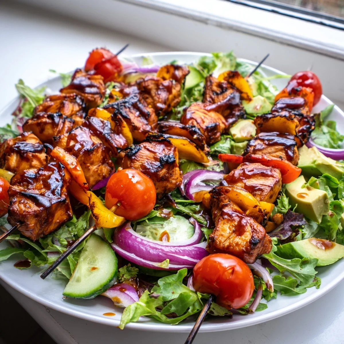 BBQ chicken skewer salad drizzled with tangy mustard dressing on a rustic plate