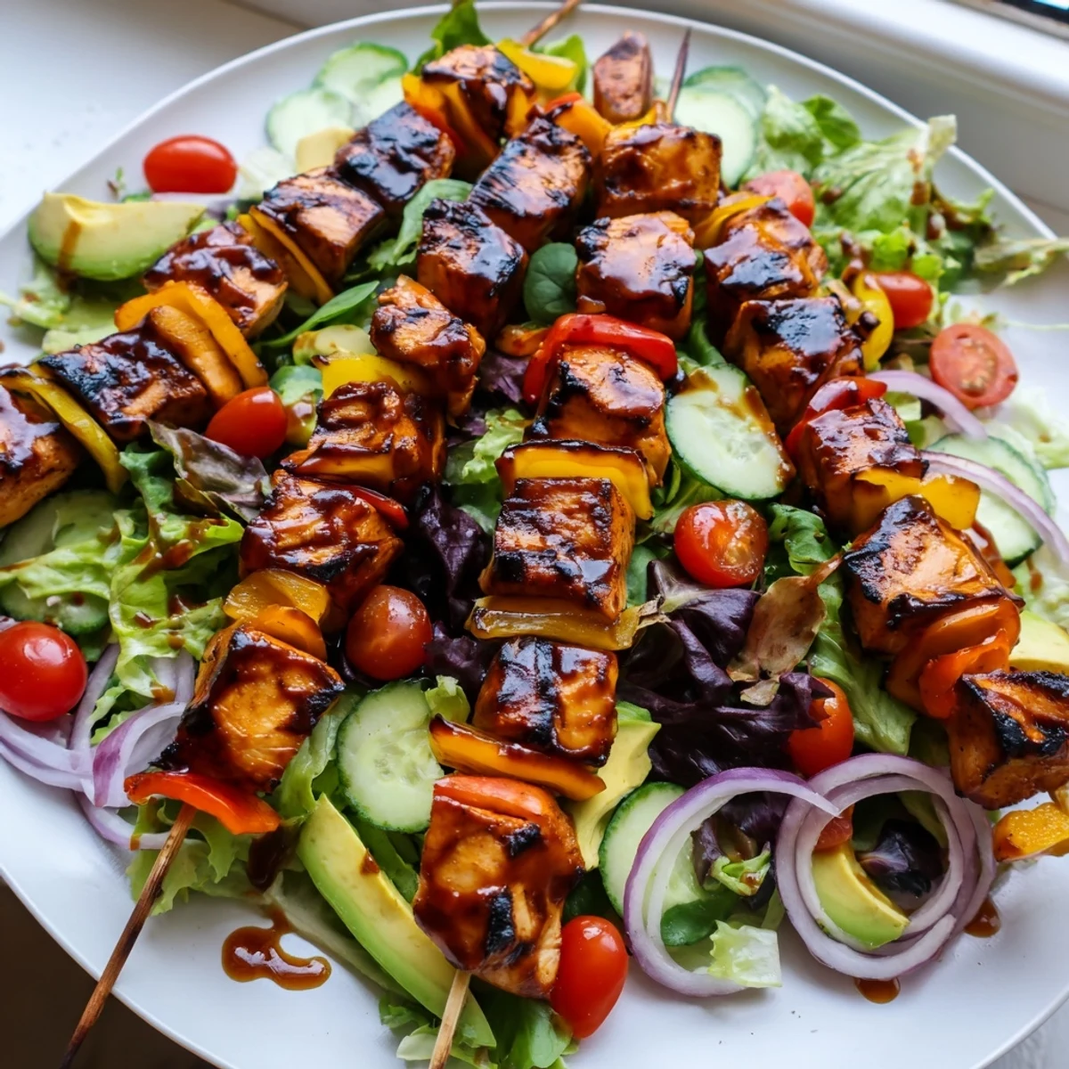 Grilled BBQ chicken skewer salad topped with creamy avocado and ripe cherry tomatoes