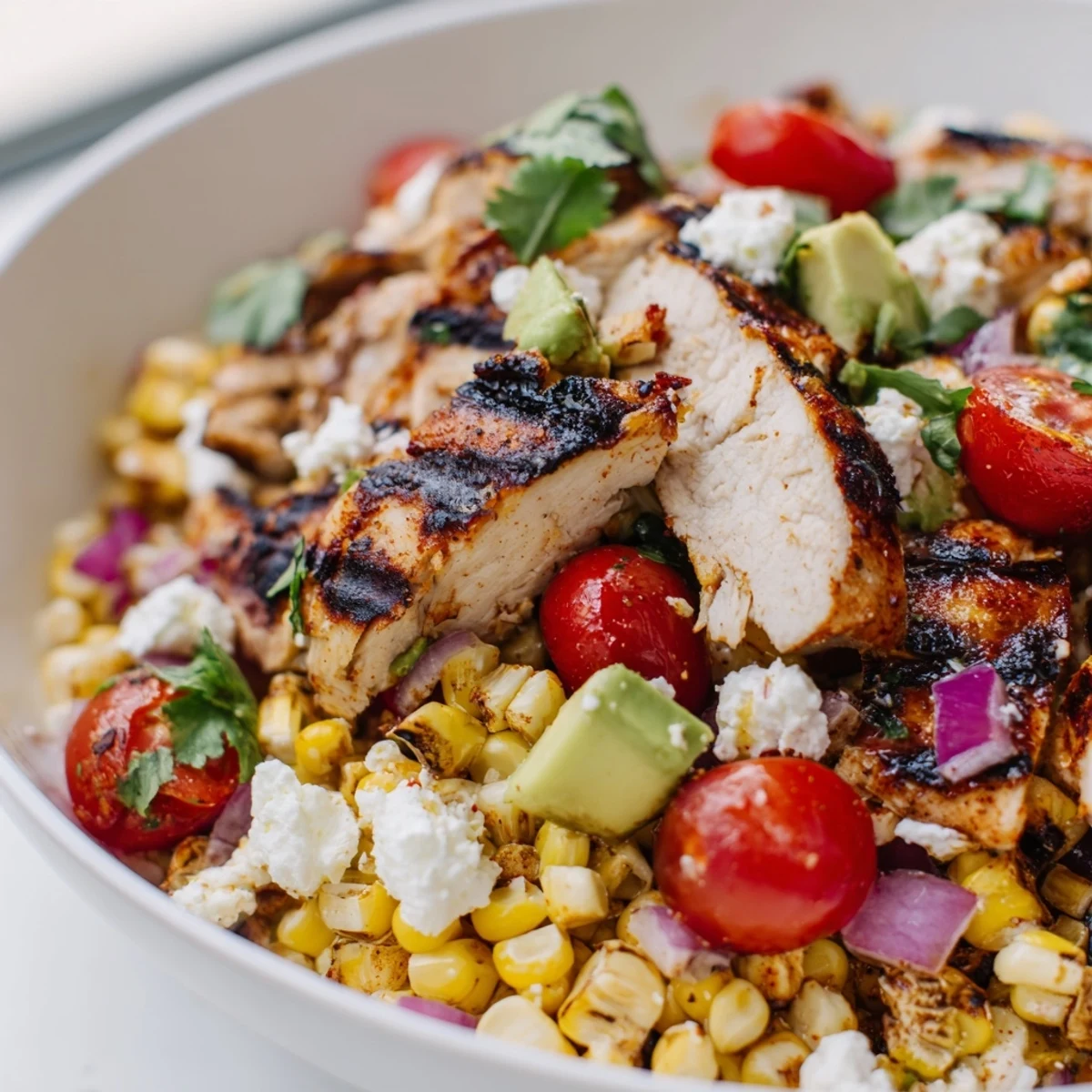 Creamy high protein chicken street corn salad in a rustic white bowl