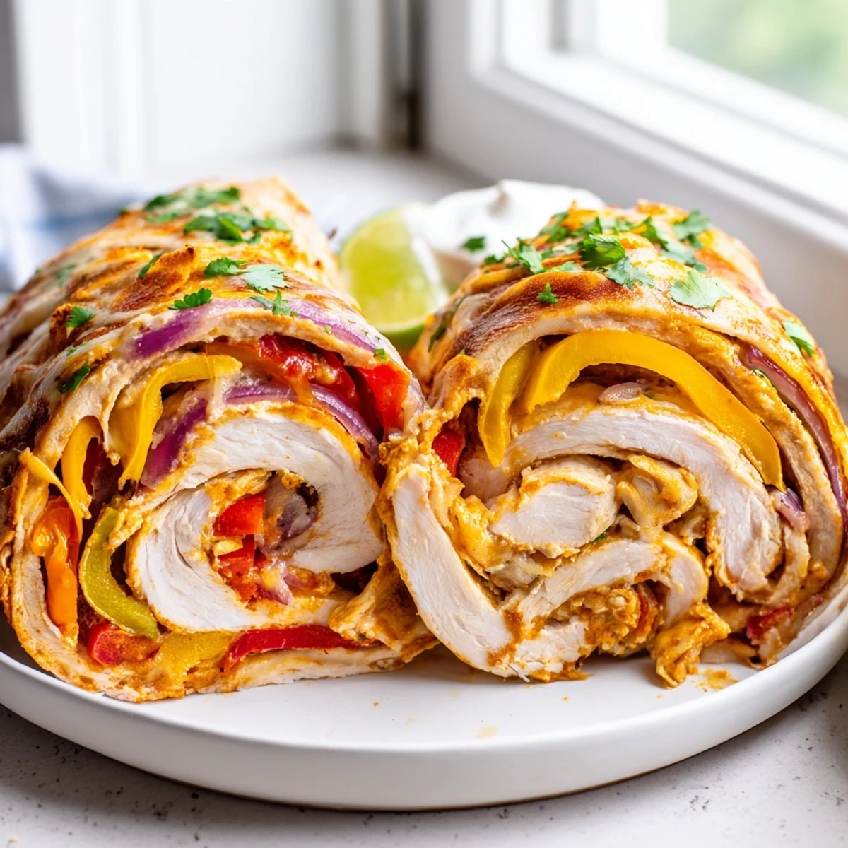Golden baked chicken fajita roll ups with melted Monterey Jack and colorful bell peppers on a white baking dish.