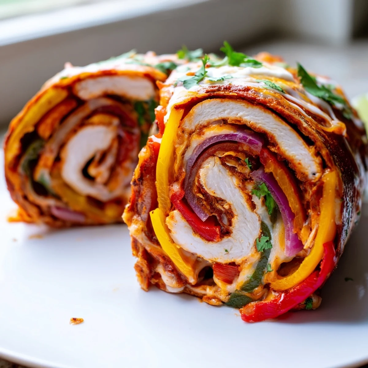 Juicy baked chicken fajita roll ups sliced open revealing tender pepper and cheese filling with fresh cilantro garnish.