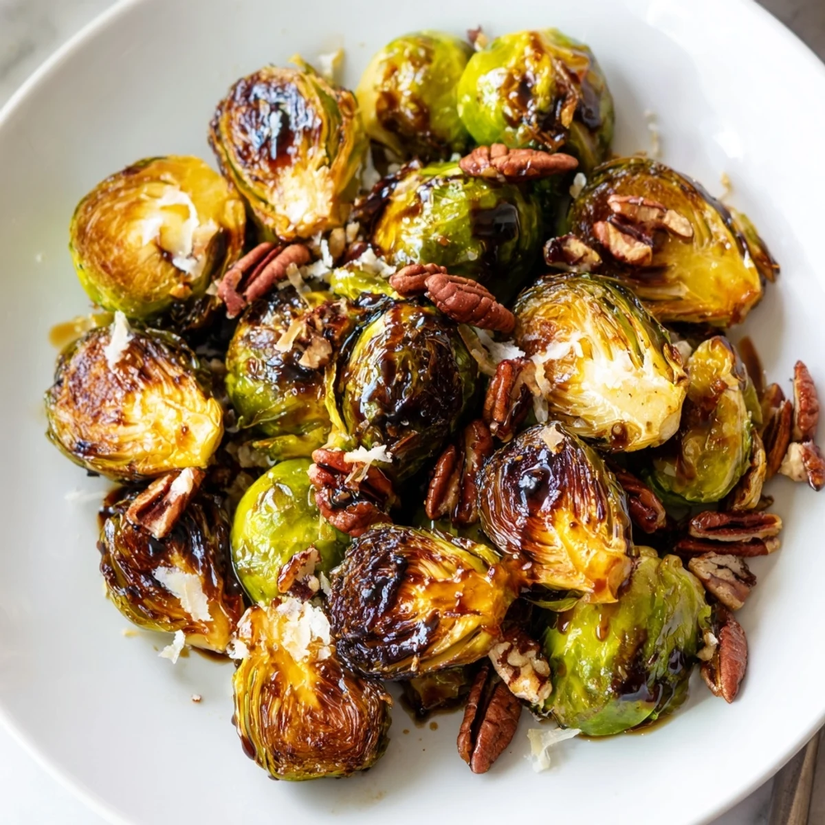 Crispy honey balsamic Brussels sprouts roasted golden and drizzled with sweet glaze