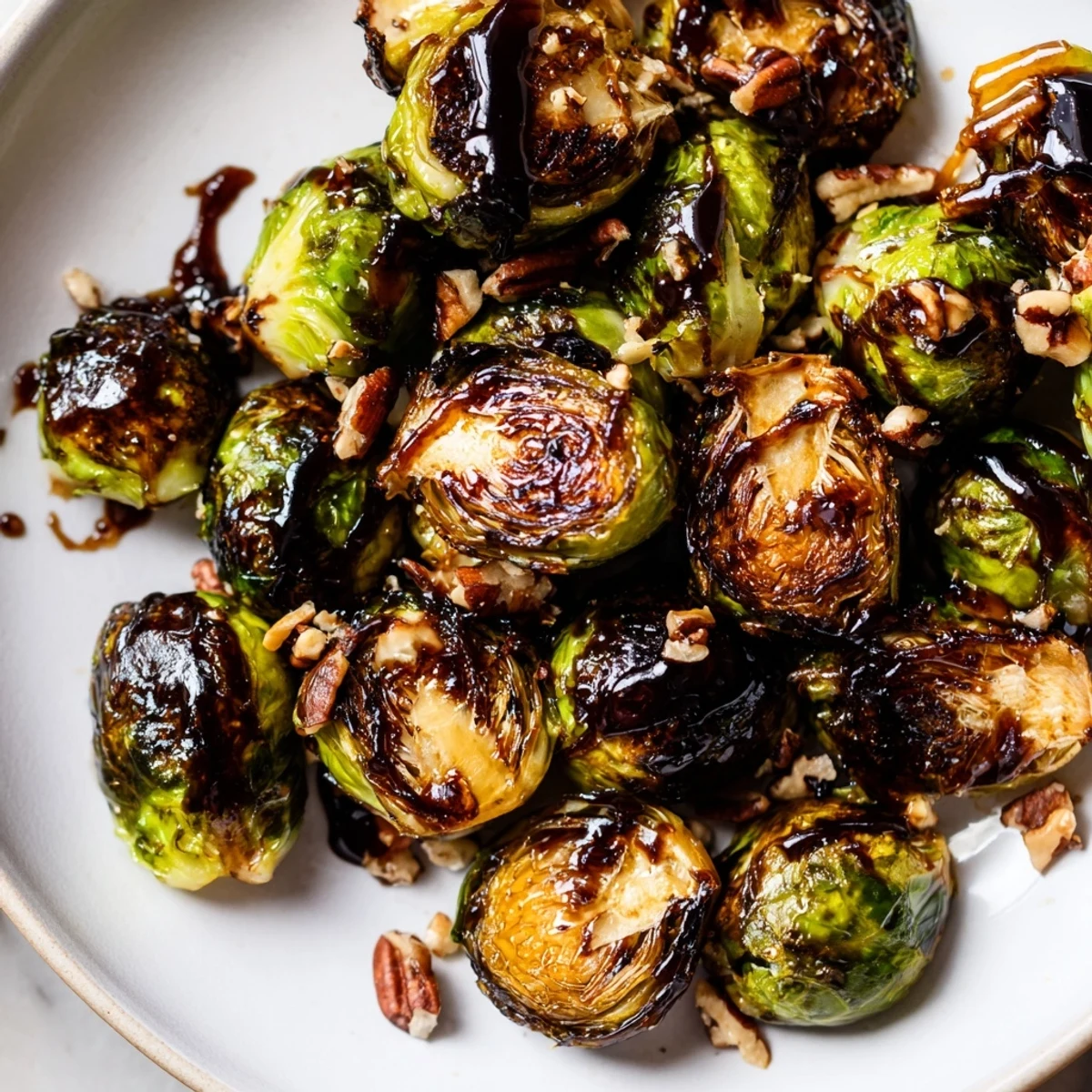 Honey balsamic Brussels sprouts glistening with glossy glaze and sprinkled with toasted pecans