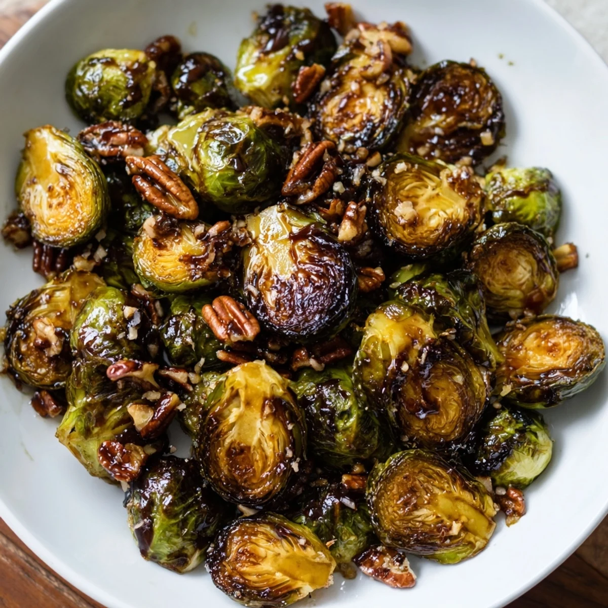 Honey balsamic Brussels sprouts with caramelized edges served on a white dish