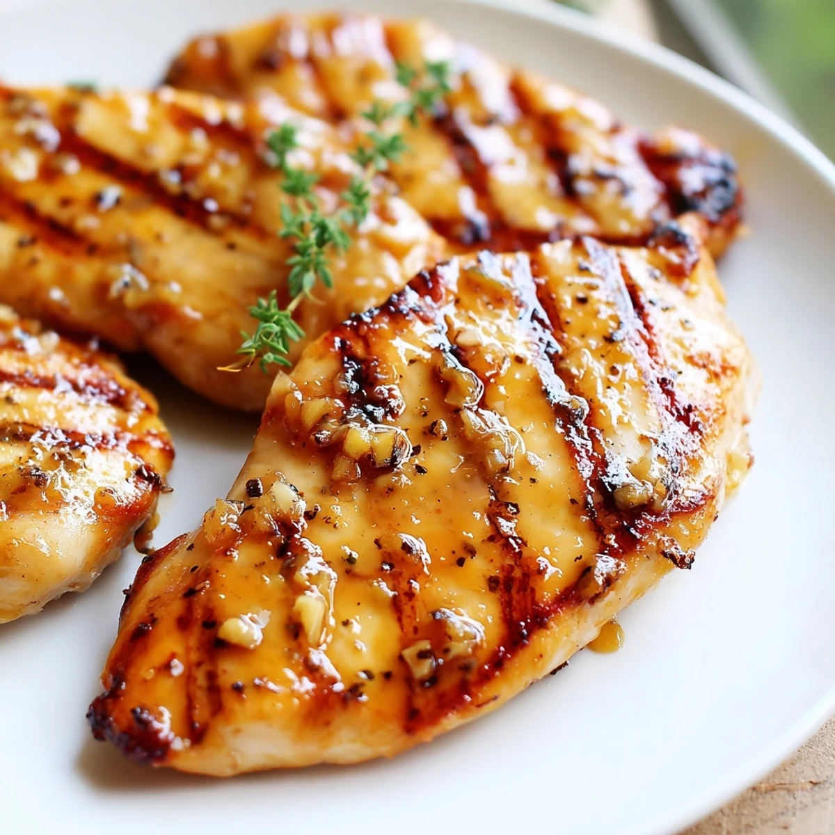 Golden grilled Maple Dijon grilled chicken with caramelized glaze on a rustic plate