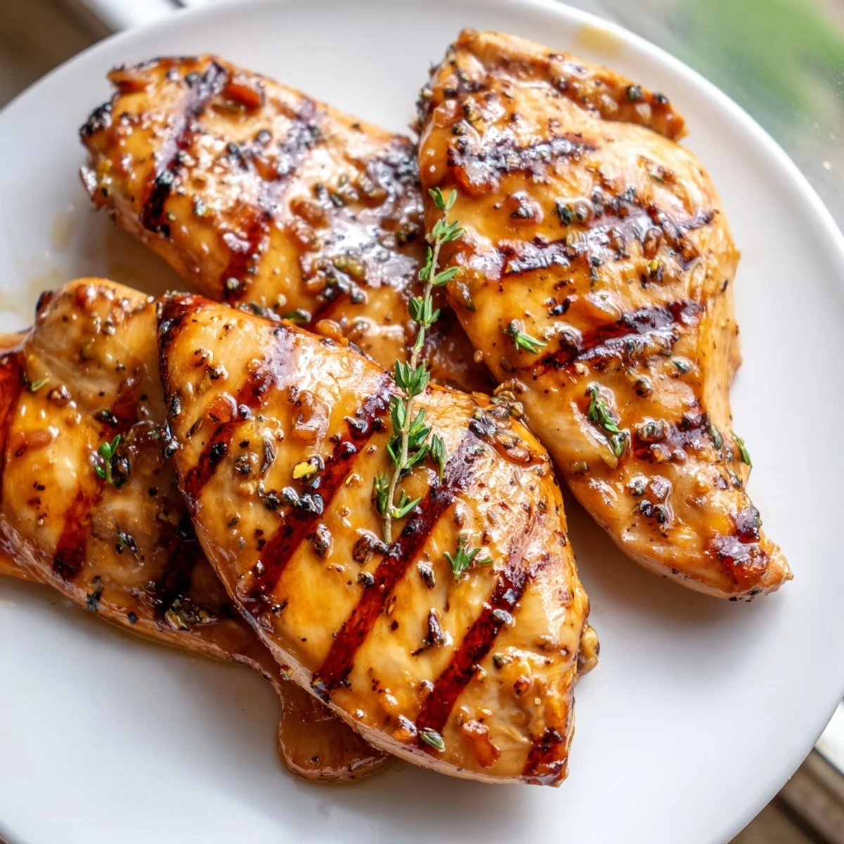 Charred Maple Dijon grilled chicken topped with fresh thyme and grill marks
