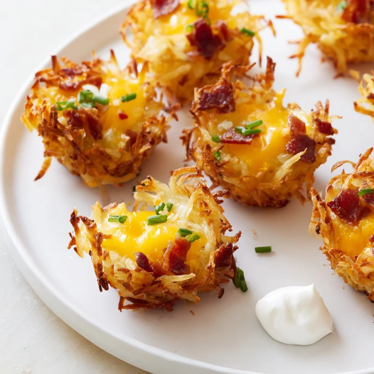 Golden cheesy loaded hashbrown bites with melted cheddar and bacon on a platter