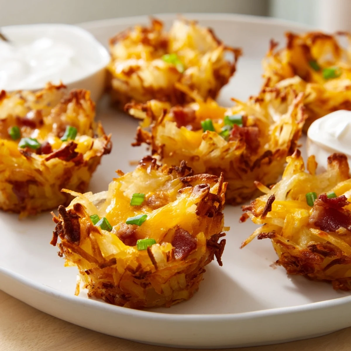 Mini cheesy loaded hashbrown bites topped with green onions and served warm