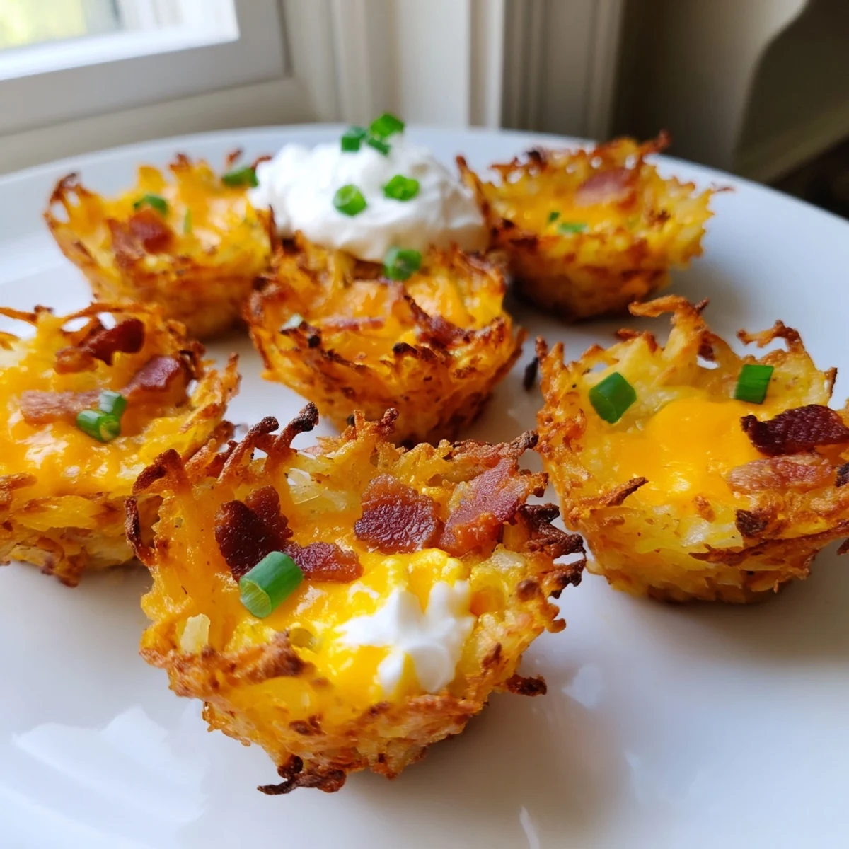 Crispy cheesy loaded hashbrown bites fresh from the oven with gooey cheese centers