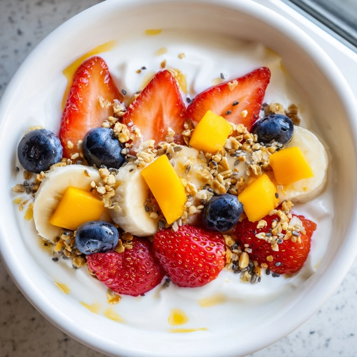 Creamy yogurt fruit bowl topped with colorful berries, mango, and crunchy granola