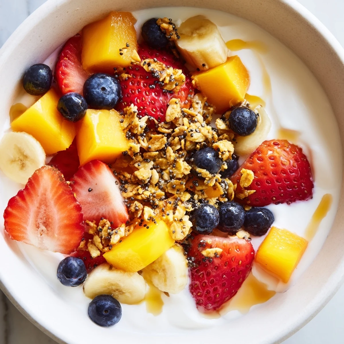 Vibrant yogurt fruit bowl drizzled with honey and sprinkled with chia seeds