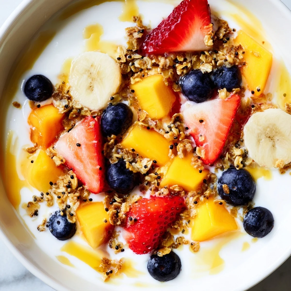 Thick Greek yogurt fruit bowl arranged with fresh strawberries, banana, and blueberries