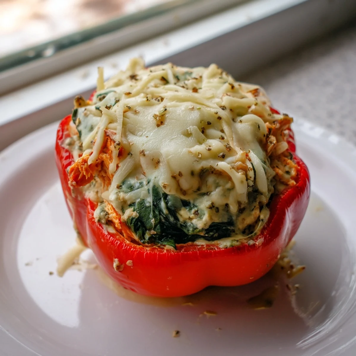 Golden bubbly mozzarella tops these chicken Florentine stuffed peppers baked until tender and irresistible.