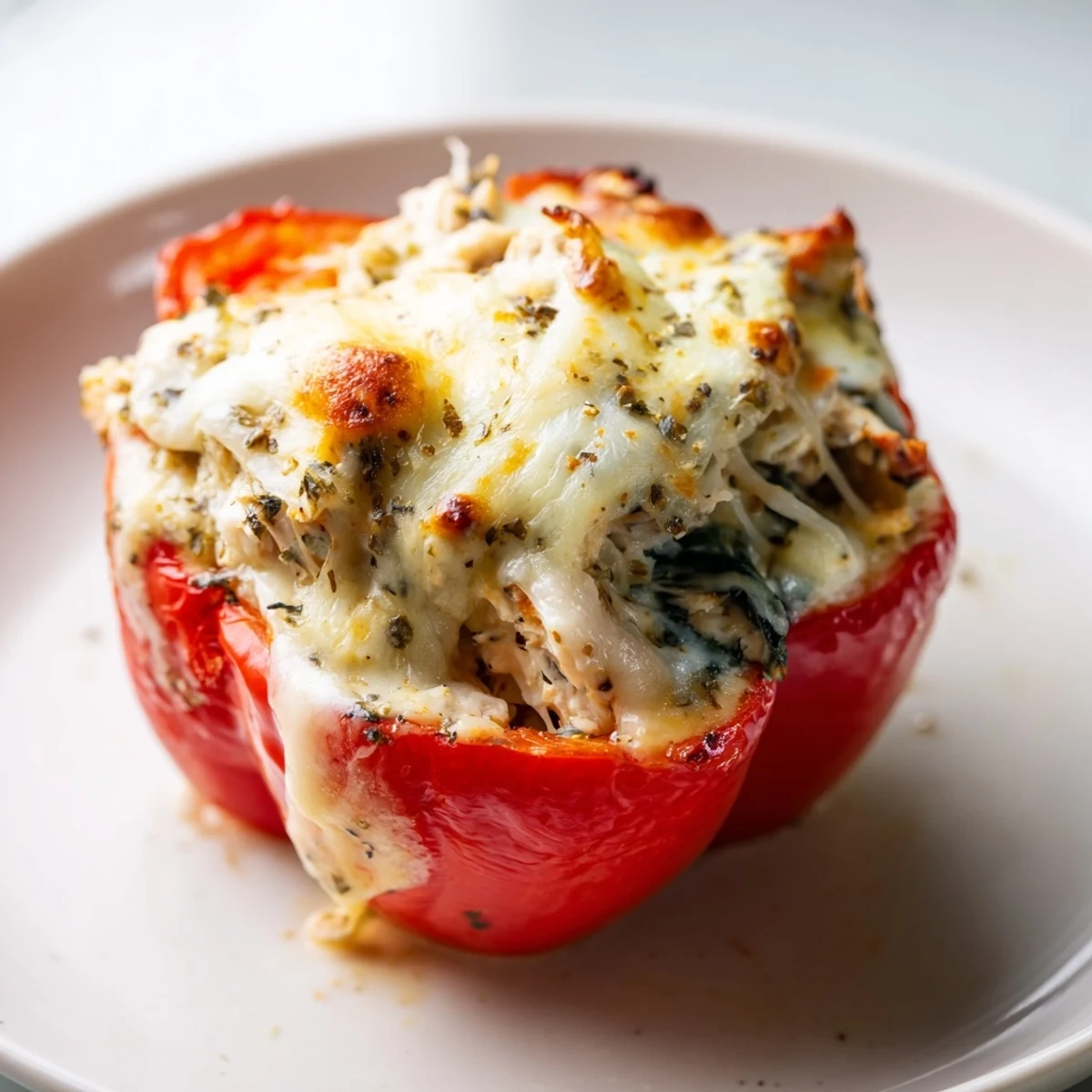 Vibrant bell peppers overflow with creamy chicken Florentine filling, straight from a bubbling casserole dish.