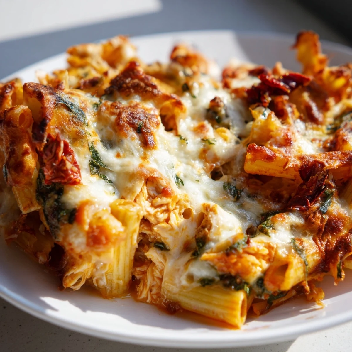 Golden bubbling pesto chicken pasta bake topped with melted mozzarella and fresh basil leaves