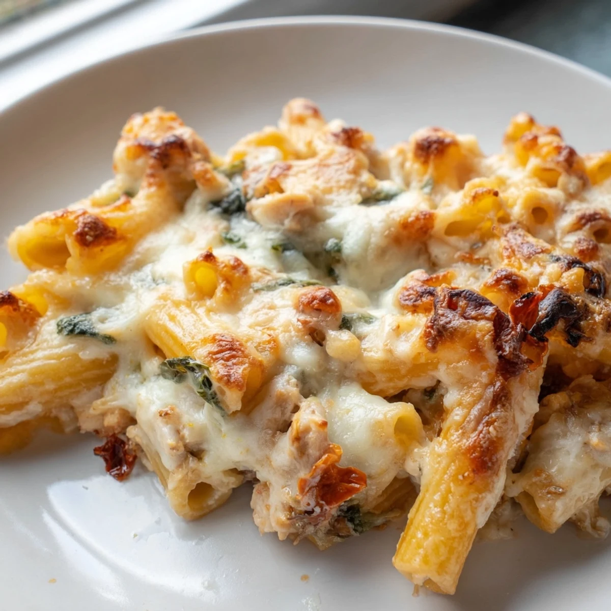 Creamy pesto chicken pasta bake served in a rustic dish with Parmesan cheese crust