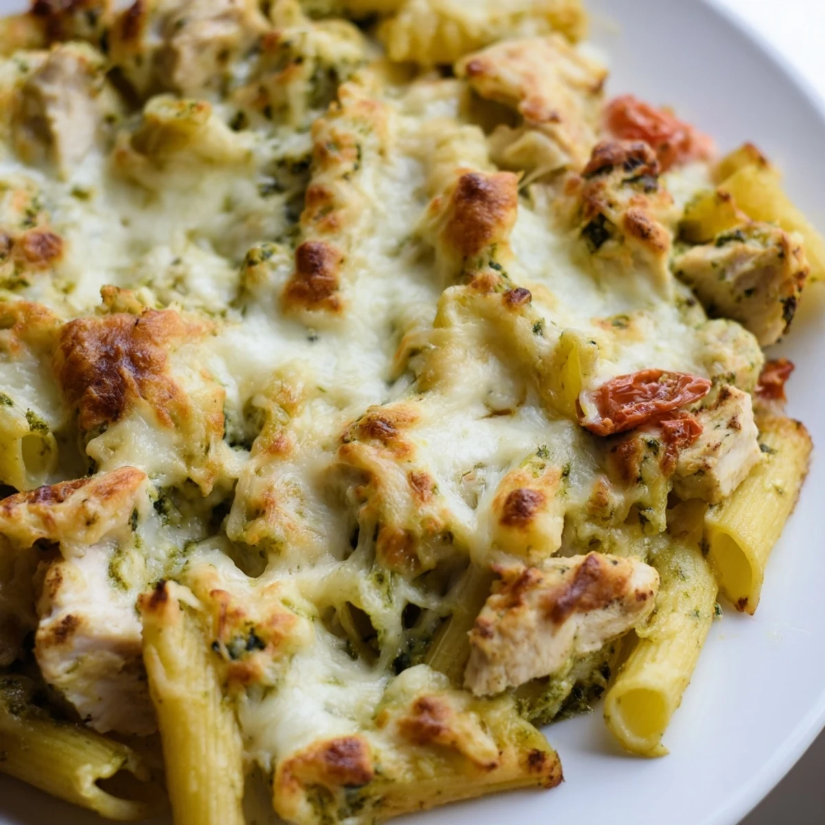 Hearty pesto chicken pasta bake with tender chicken sun-dried tomatoes and gooey melted cheese