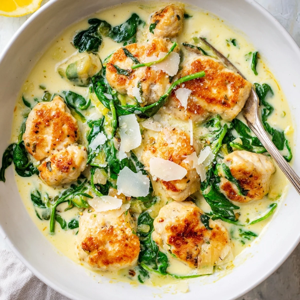 Juicy Lemon Parmesan Spinach Chicken topped with melted Parmesan over wilted garlicky greens