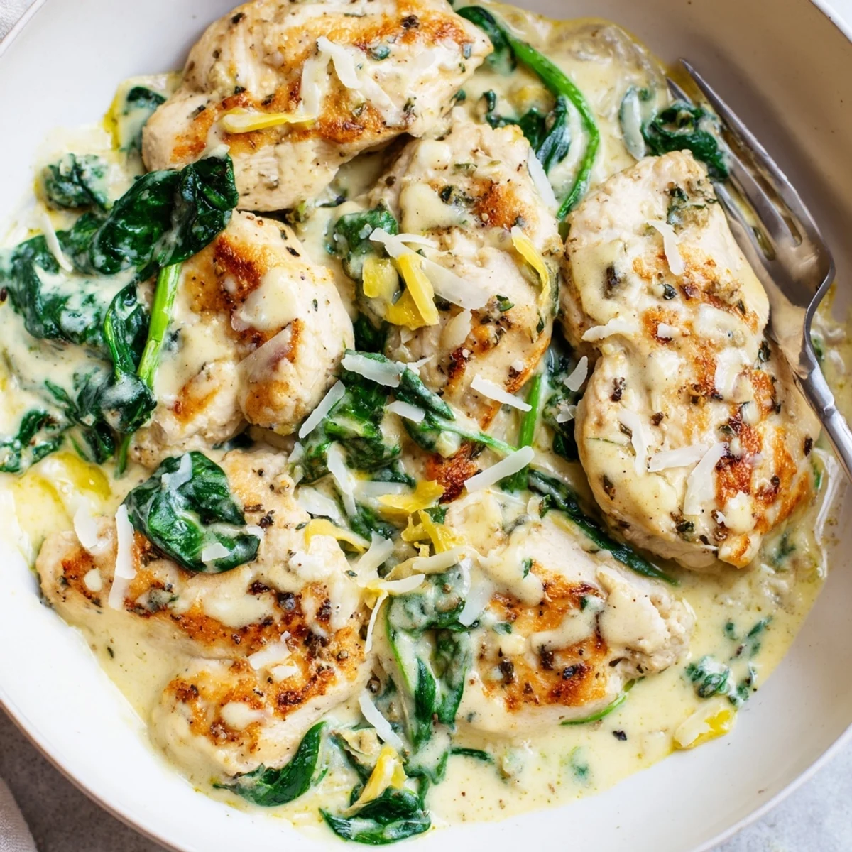 Golden seared Lemon Parmesan Spinach Chicken nestled in a creamy, vibrant green sauce