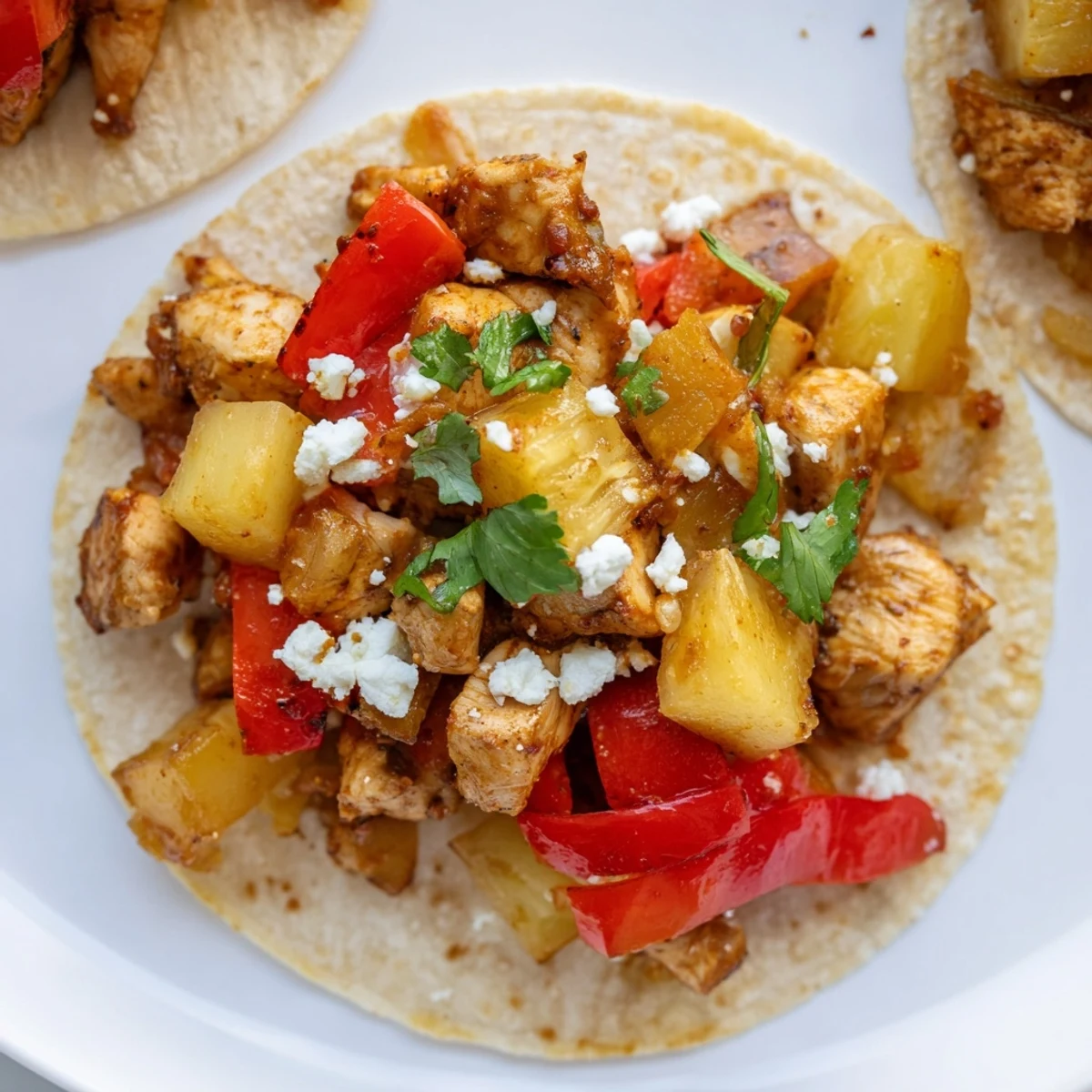 Vibrant one pan chicken and pineapple tacos loaded with fresh toppings.