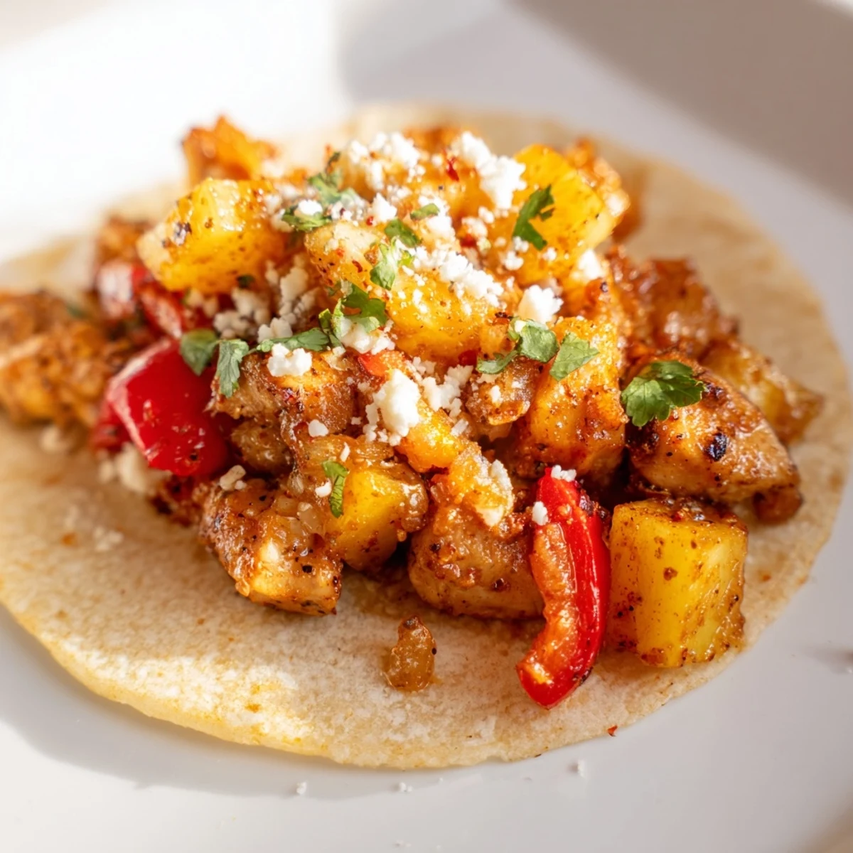 Easy one pan chicken and pineapple tacos ready for a tropical dinner.