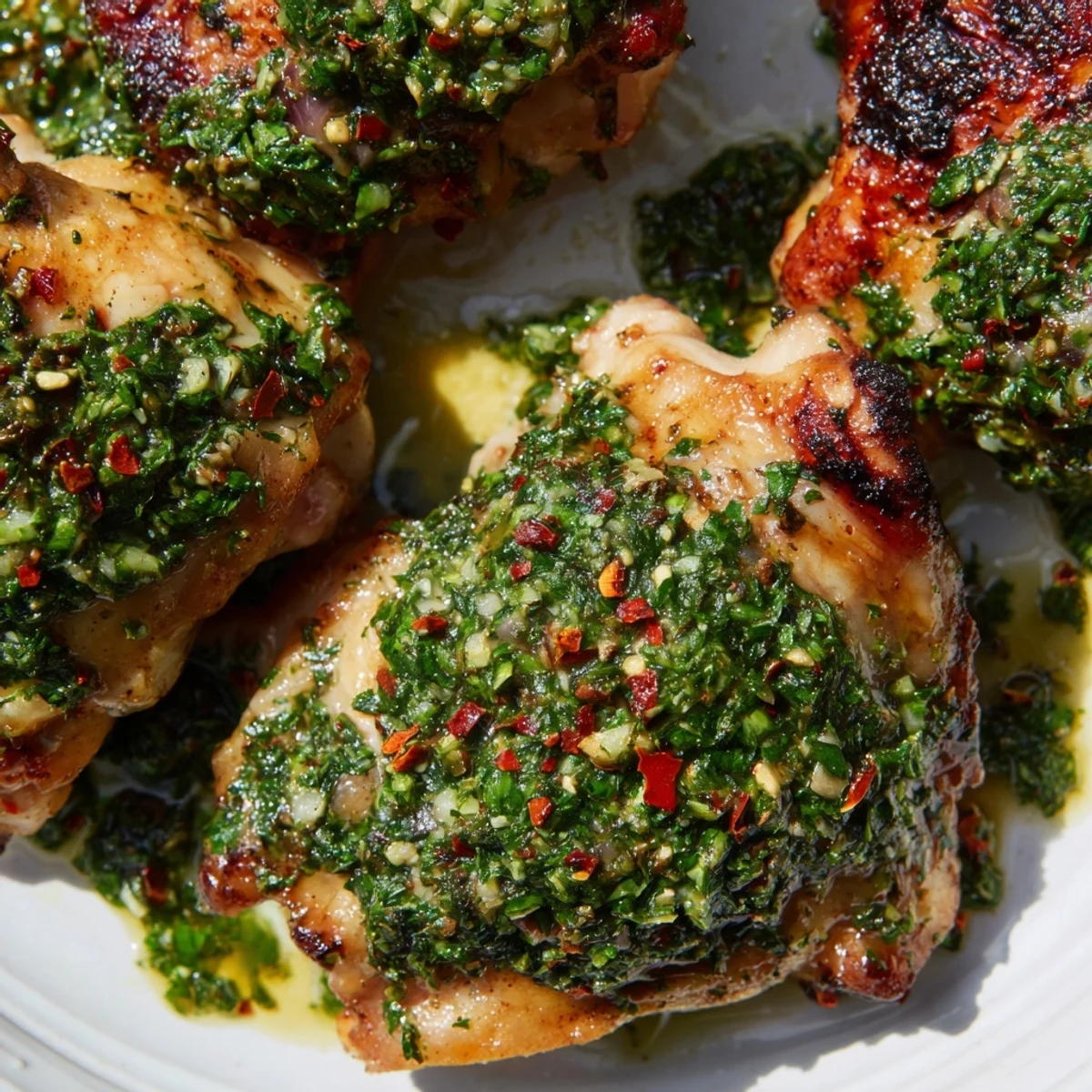 Grilled chimichurri chicken thighs with vibrant green sauce and crispy skin  