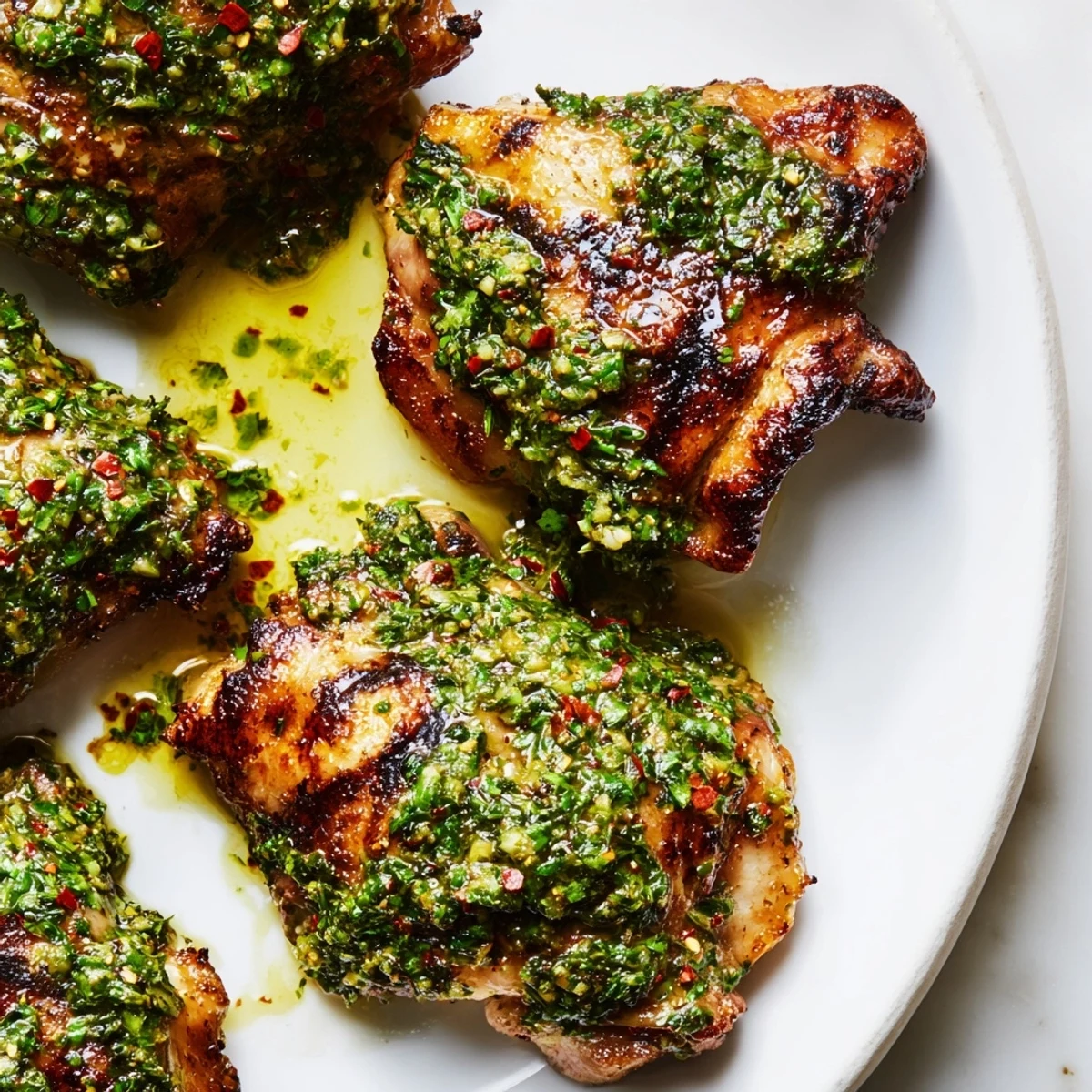 Juicy chimichurri chicken thighs served with fresh herbs on a white plate  