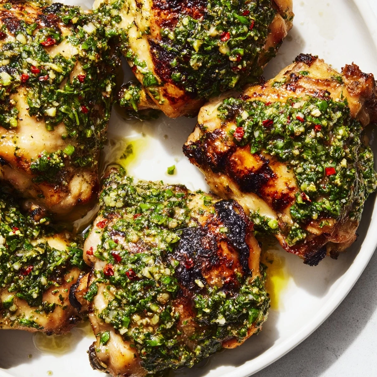 Savory chimichurri chicken thighs grilled to perfection with zesty herb marinade