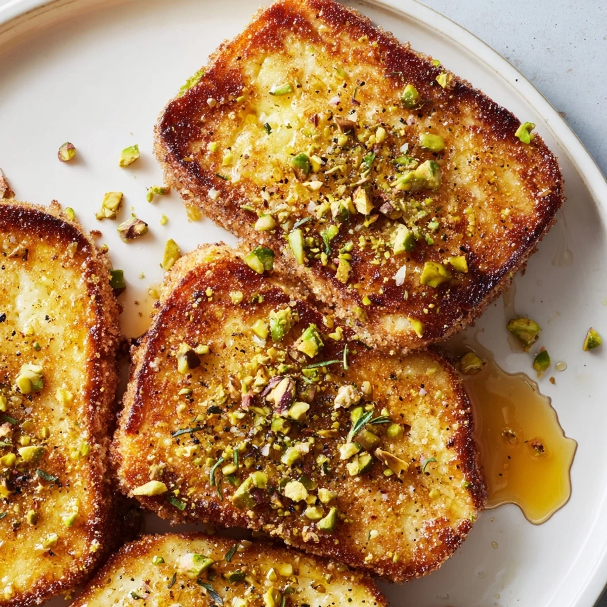 Crispy fried Honey Halloumi sprinkled with fresh herbs and black pepper for flavor.  