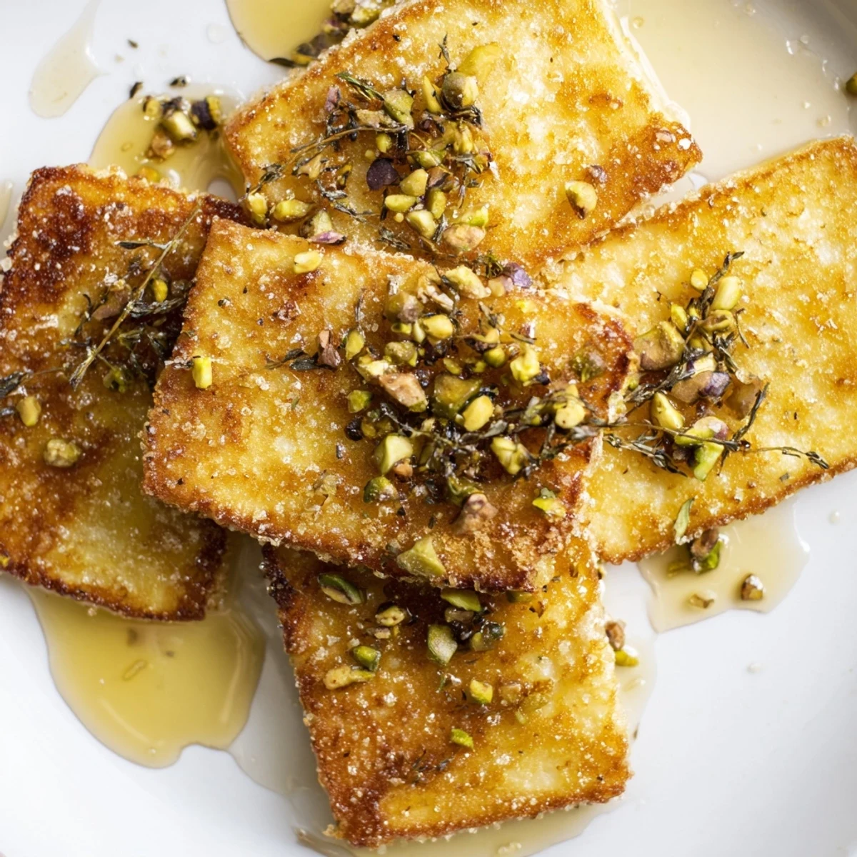 Mediterranean-style Honey Halloumi served hot with honey glaze and chopped pistachios.