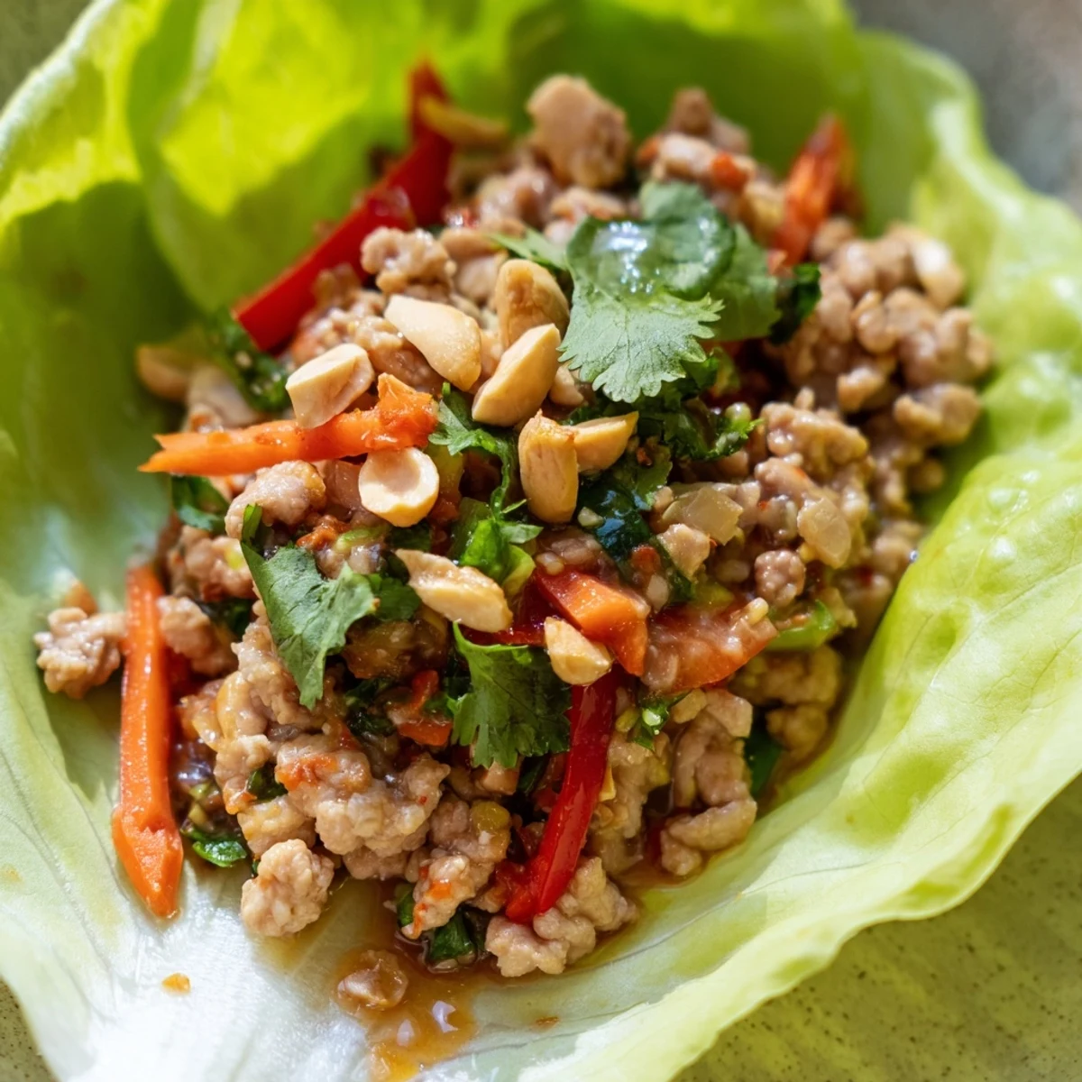 Savory Thai chicken lettuce wraps topped with fresh herbs and crunchy peanuts  