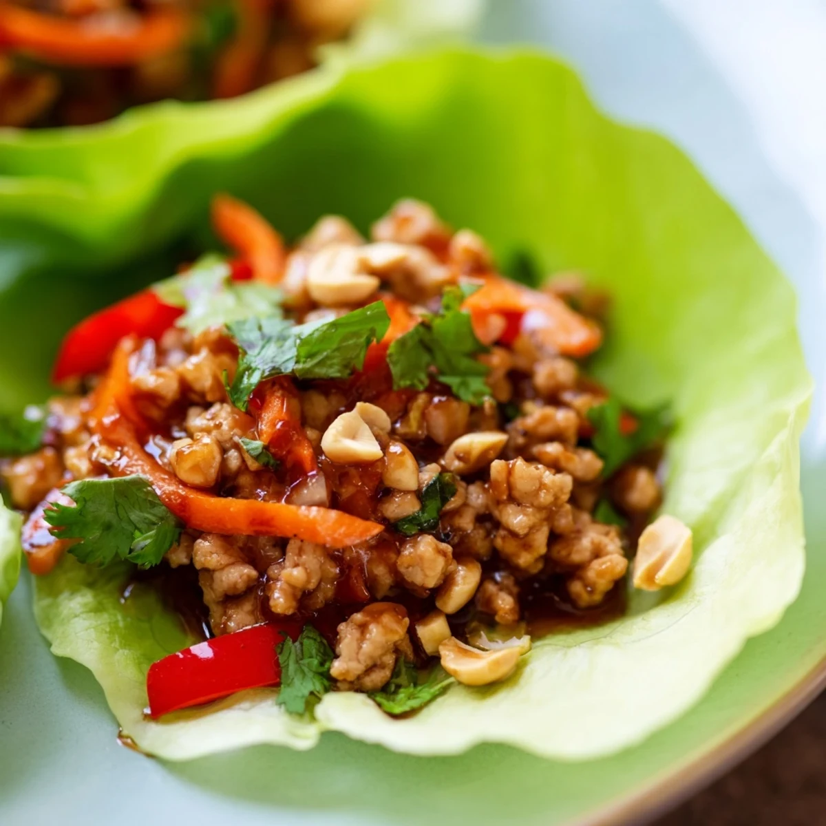 Crisp butter lettuce cups holding spiced minced chicken and vibrant vegetable medley  
