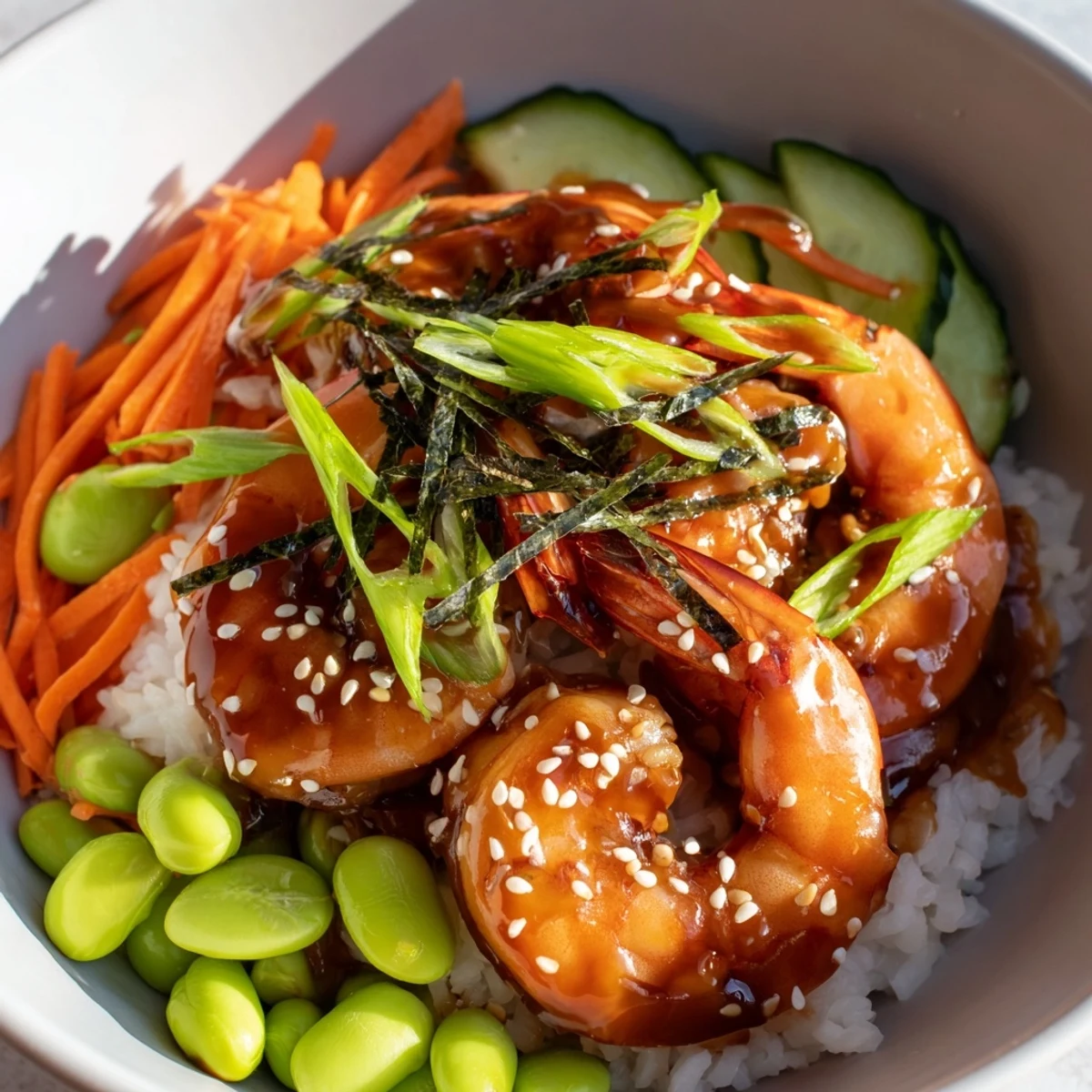 Glossy teriyaki shrimp over fluffy rice with fresh crunchy vegetables.  