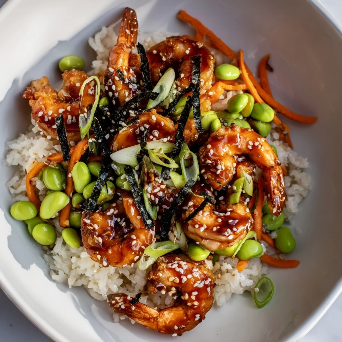 Vibrant Teriyaki Shrimp Rice Bowls topped with sesame seeds and green onions.  