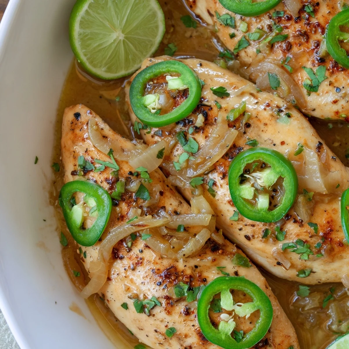 Golden spicy jalapeno chicken recipe topped with fresh cilantro and lime.  