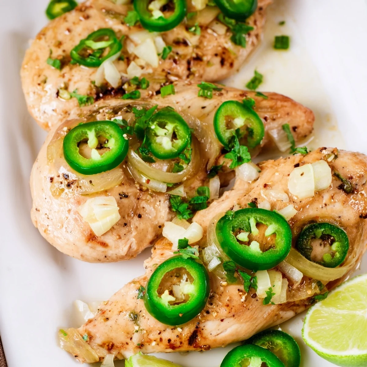 Sizzling spicy jalapeno chicken recipe served with sliced peppers and onions.  