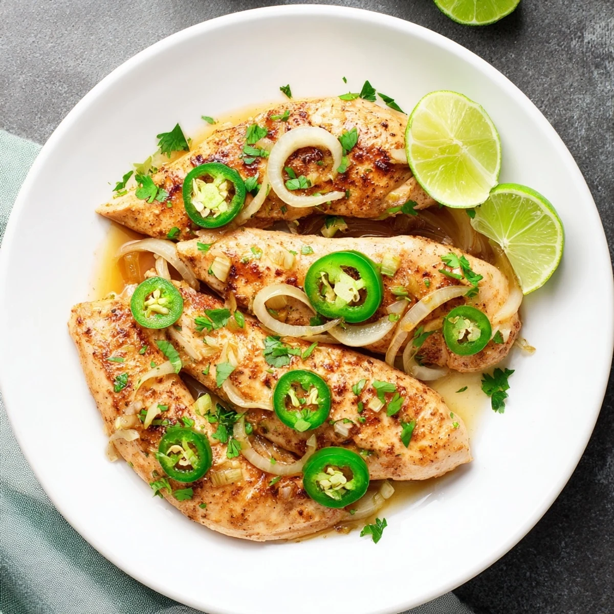 Juicy spicy jalapeno chicken recipe garnished with vibrant jalapeños and lime wedges.