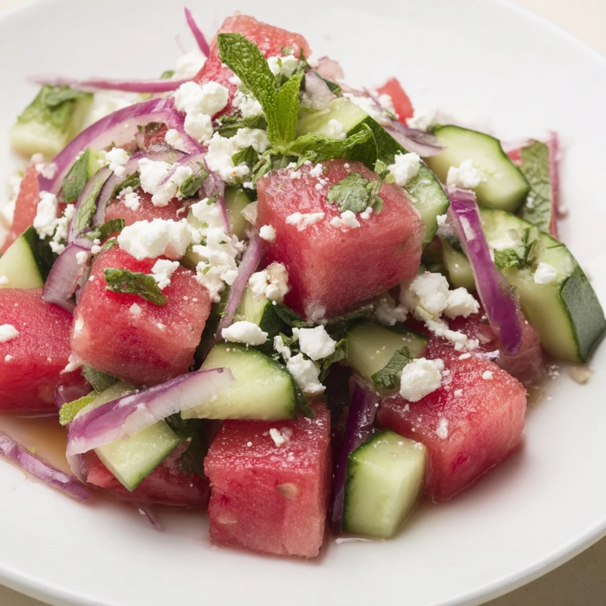 Fresh watermelon cucumber salad with mint and lime dressing ready to serve  